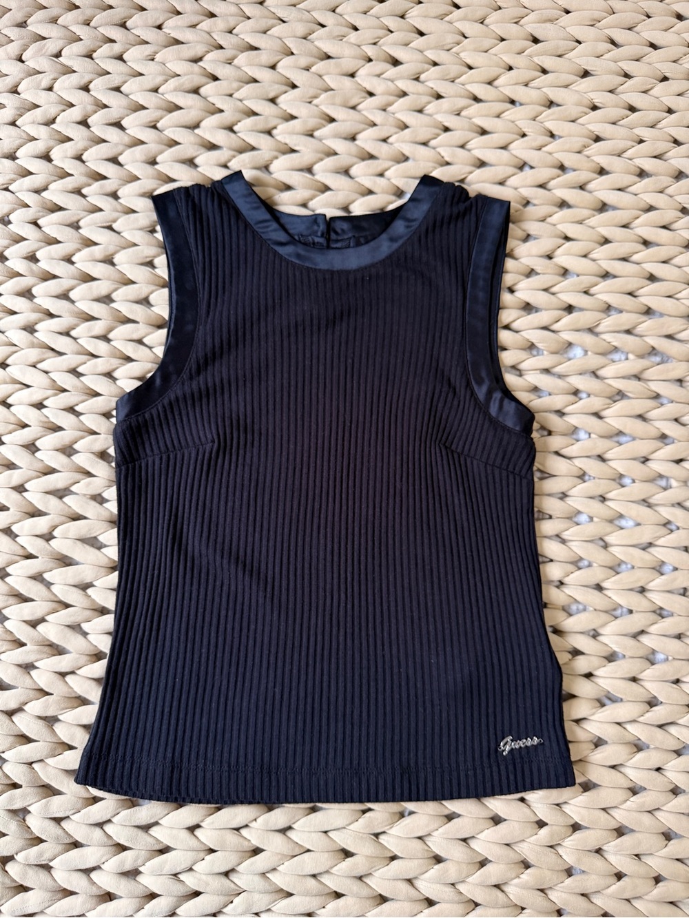 Guess Black Ribbed Satin-Trim Sleeveless Tank